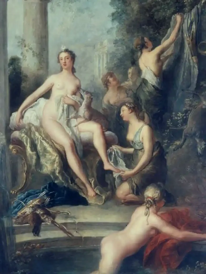 An oil painting of the goddess Diana bathing. She sits draped in white cloth with a slim brown hound in her lap while attendants dry her feet and gather cloth around a pool.