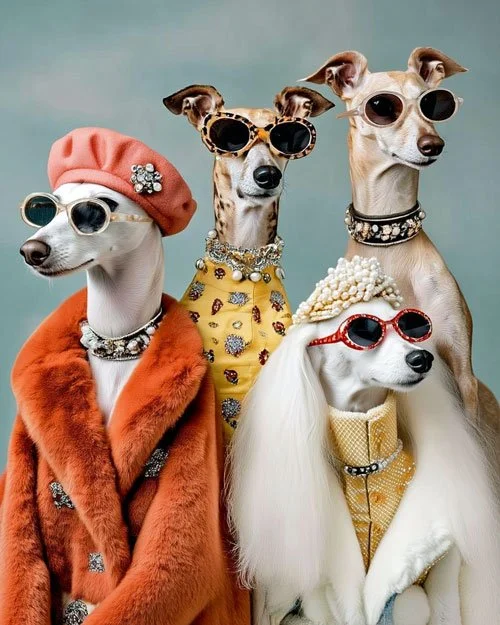 Four elegant Italian Greyhounds styled like couture models, wearing oversized sunglasses, pearl necklaces, jeweled collars, and tailored vintage-inspired outfits with a pastel blue studio backdrop. AI image.