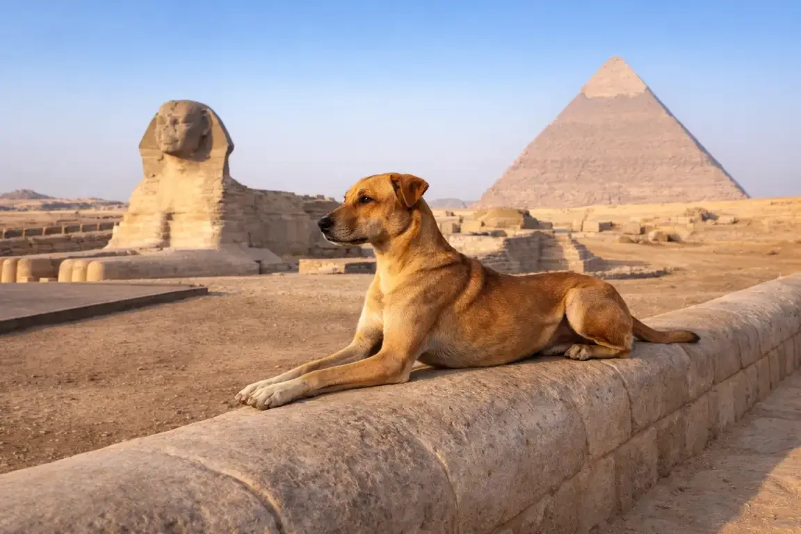 Lean Baladi dog lying sphinx-like on a stone wall at Giza, with the Great Sphinx and a pyramid behind it under a clear blue sky.