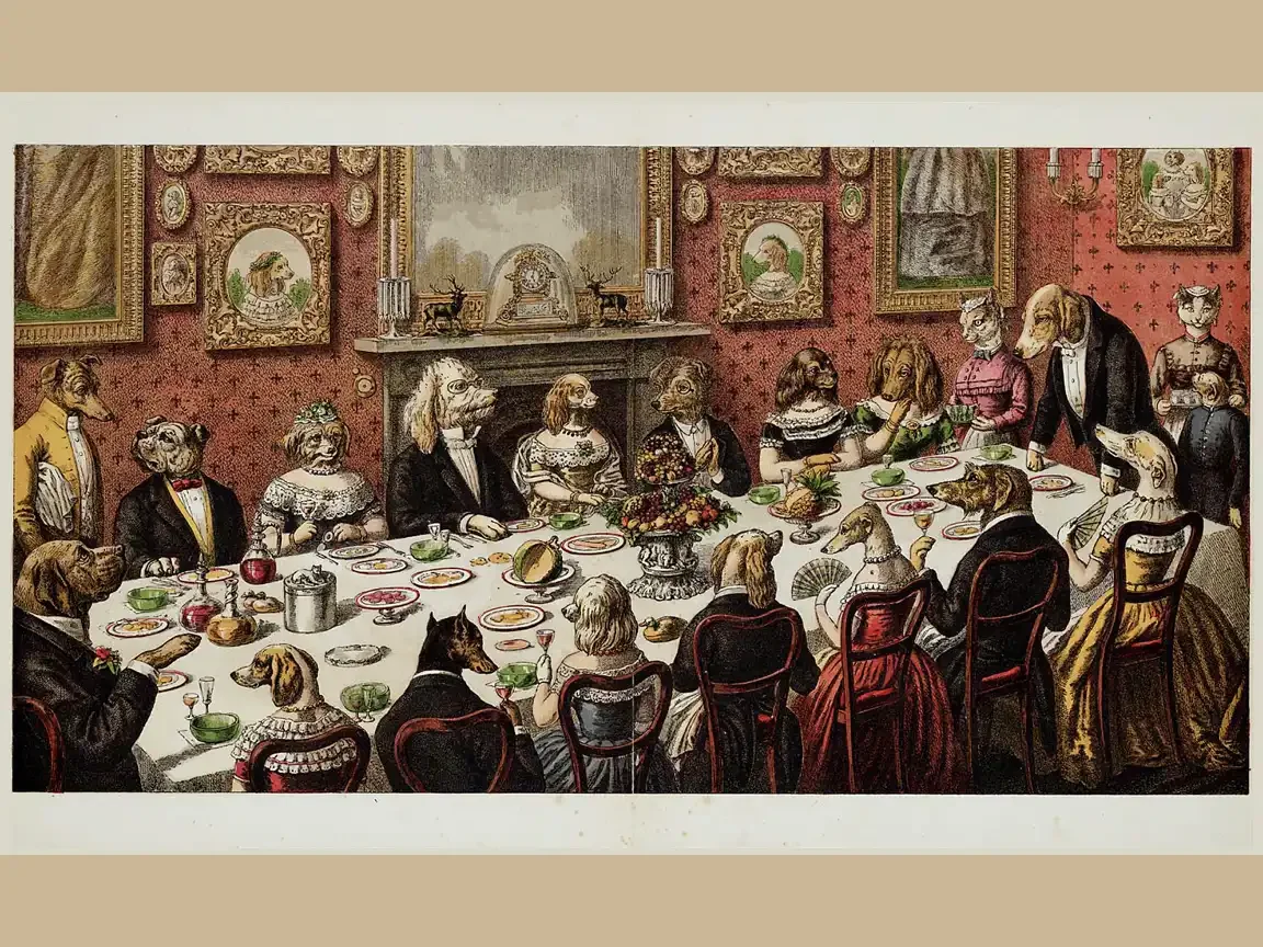 Victorian-era illustration of dogs dressed as humans at an elegant dinner party, seated around a long table in a richly decorated room, parodying upper-class society.