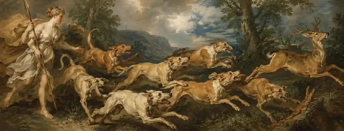 A woman in white robes stands at the left holding a spear, one arm outstretched, as seven hunting dogs race past her at full stretch after a stag leaping away between trees.