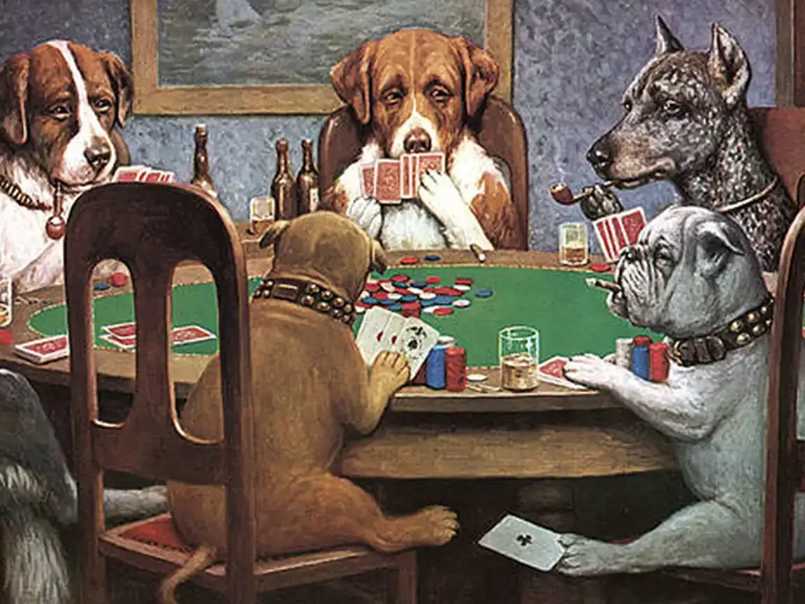 Close-up of dogs at a green poker table with cards, chips, drinks, and one dog secretly passing an ace beneath the table.