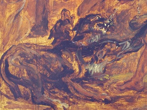 A mythological painting by Peter Paul Rubens showing the three-headed dog Cerberus at the entrance to the underworld in dark tones