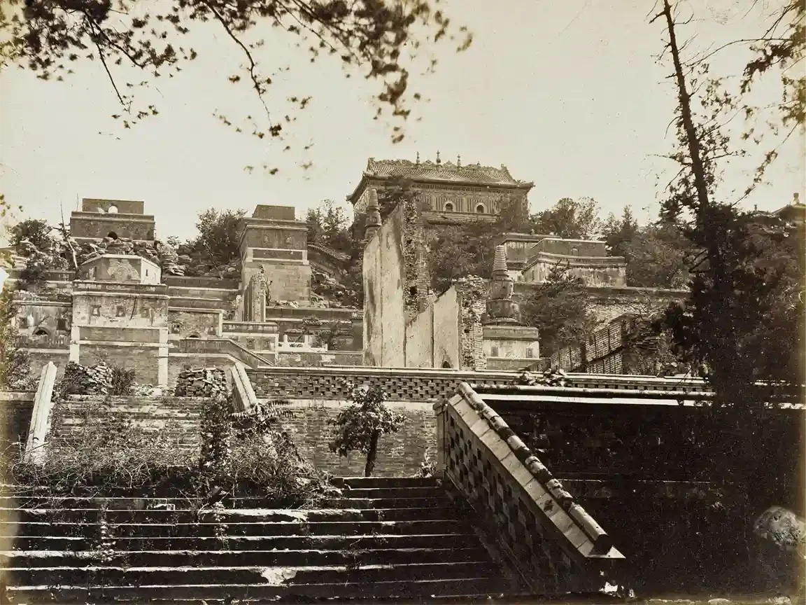 Sepia photograph of the ruined terraces and stone walls of the Old Summer Palace, Yuanmingyuan, Beijing, late 19th century.