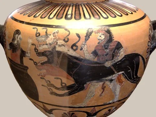 Heracles, wearing his characteristic lion-skin, club in right hand, leash in left, presenting a three-headed Cerberus, snakes coiling from his snouts, necks and front paws, to a frightened Eurystheus hiding in a giant pot