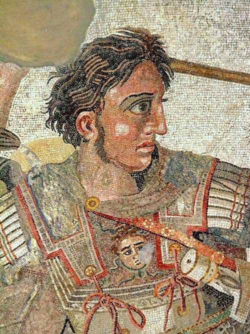 Roman mosaic depicting Alexander the Great on horseback charging through a chaotic battle scene against Persian forces under Darius III.