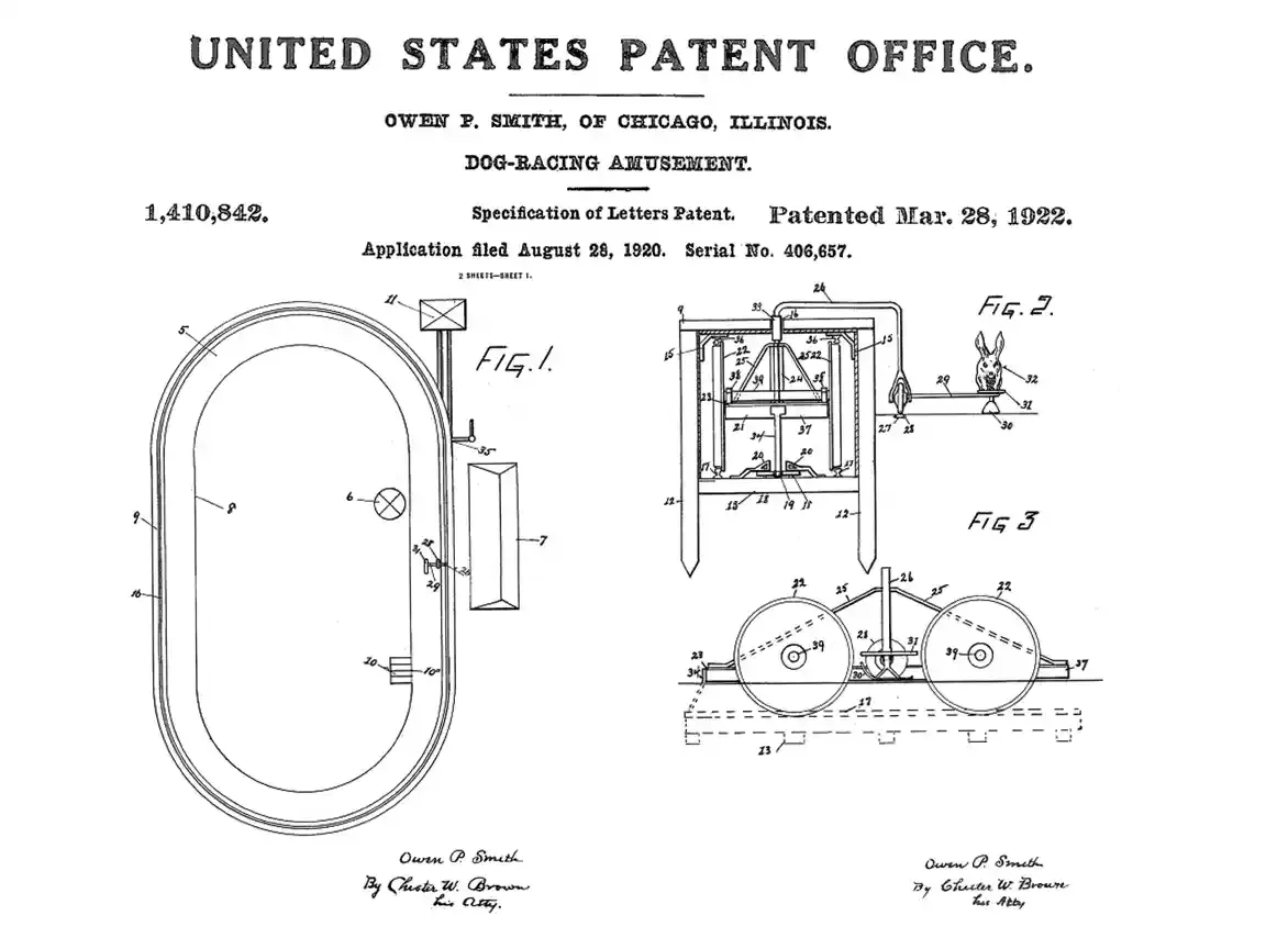 Patent drawing headed United States Patent Office, Owen P. Smith of Chicago, Dog-Racing Amusement. Figure one shows an oval track plan; figures two and three show the lure carriage and a hare.