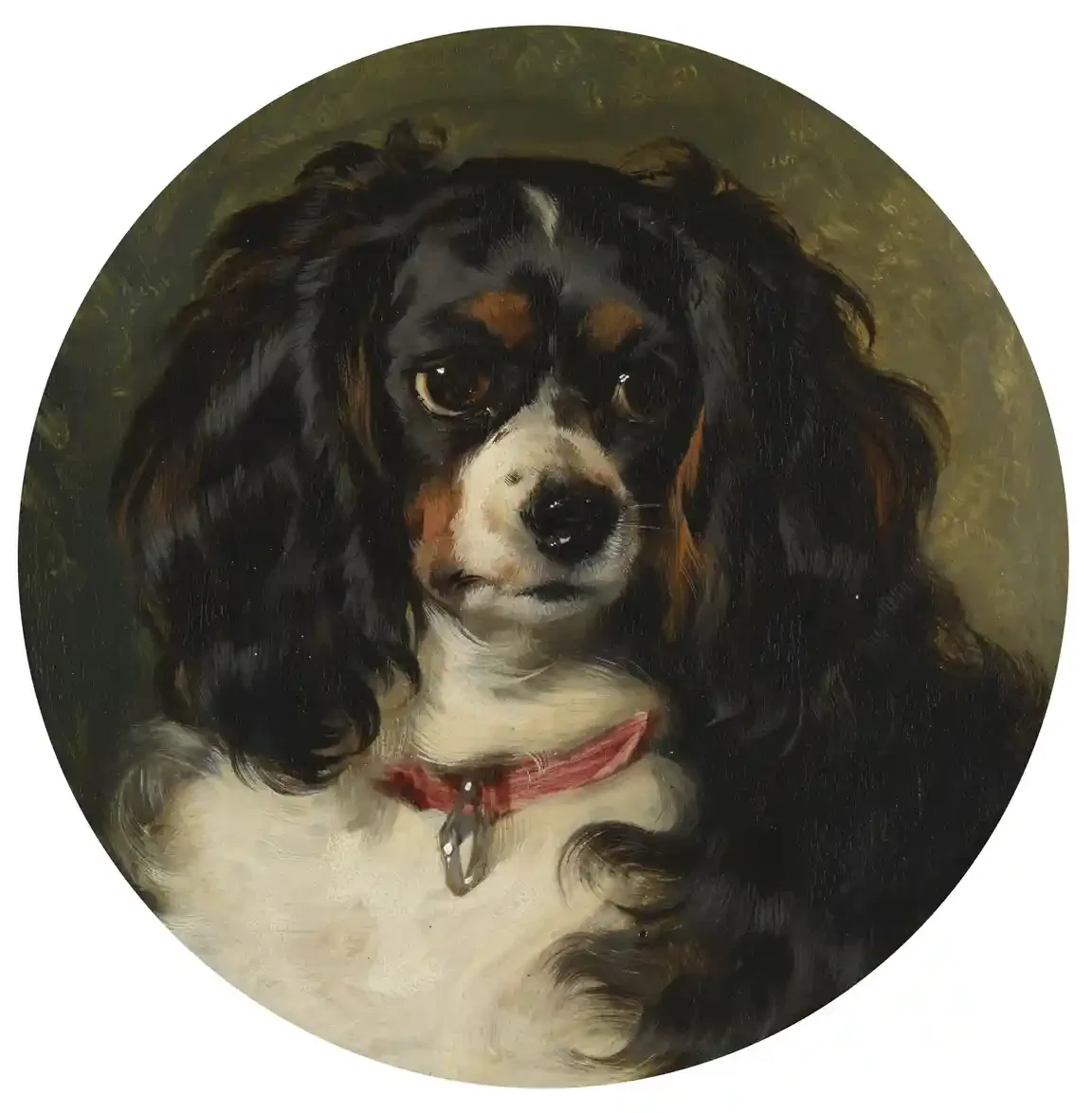 A round painting of a small spaniel’s head and chest. Long, wavy black ears frame a white muzzle and tan eyebrows. He wears a red collar with a metal tag and gazes out with large, dark eyes.