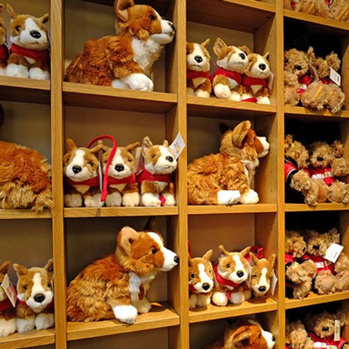 Wooden shelves filled with plush Corgi toys wearing red accessories, arranged in neat rows, likely in a gift shop celebrating the beloved royal dog breed.