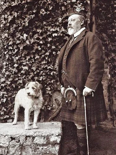 Sepia photograph of King Edward VII in Highland dress, leaning on a walking stick. His wire fox terrier Caesar stands on a stone ledge beside him.