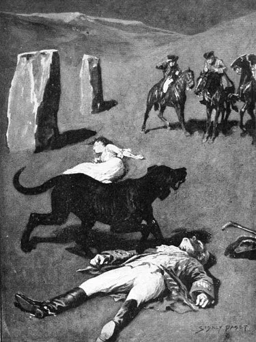 giant black hound attacks a figure on a moorland track as another man lies fallen nearby and horsemen approach in the distance.