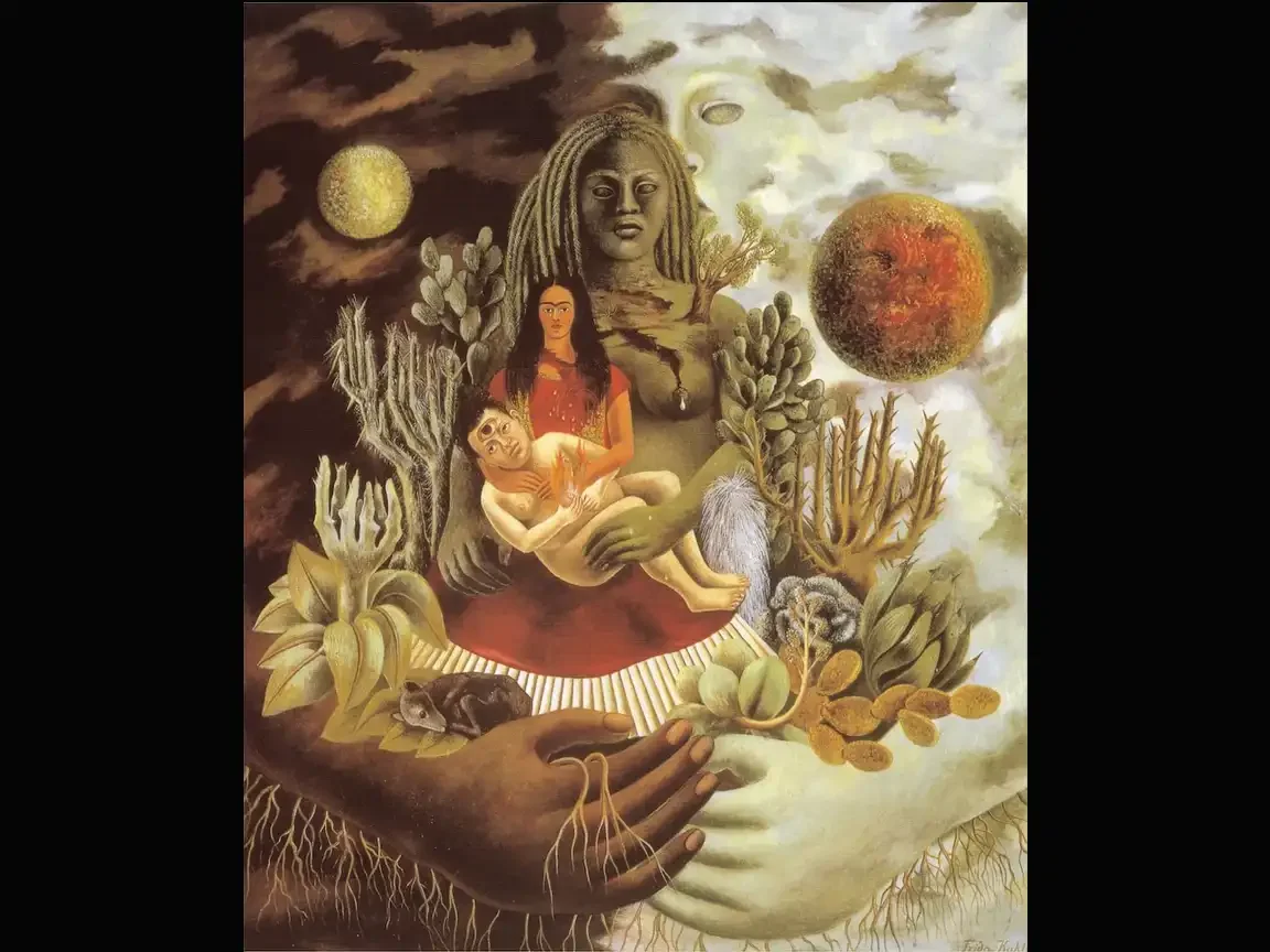 Frida Kahlo's 1949 painting showing cosmic figures embracing, with a small dark hairless dog curled at the bottom of the composition.