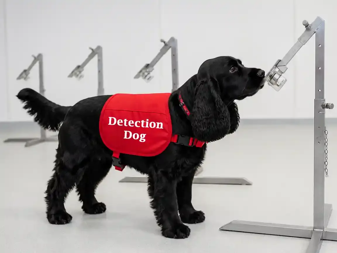 A black cocker spaniel in a red jacket marked Detection Dog stands in a bare white room, nose pressed to a metal sample holder on a tall stand. Three more empty stands wait in the background.
