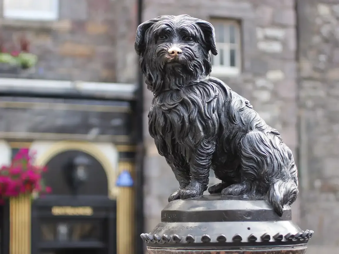 Bronze statue of Greyfriars Bobby, the loyal Skye Terrier of Edinburgh, sitting on a pedestal fountain.
