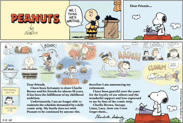 The last Peanuts Sunday strip. Snoopy sits at his typewriter on the doghouse; small vignettes of classic gags surround a printed letter in which Schulz thanks readers and says goodbye.