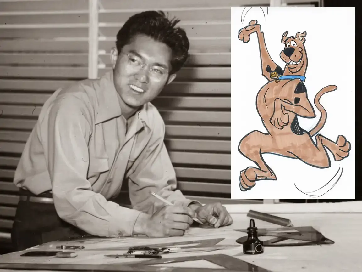 Animator Iwao Takamoto drawing at a desk, inset photo of an illustration of Scooby-Doo, the cartoon Great Dane he helped design.