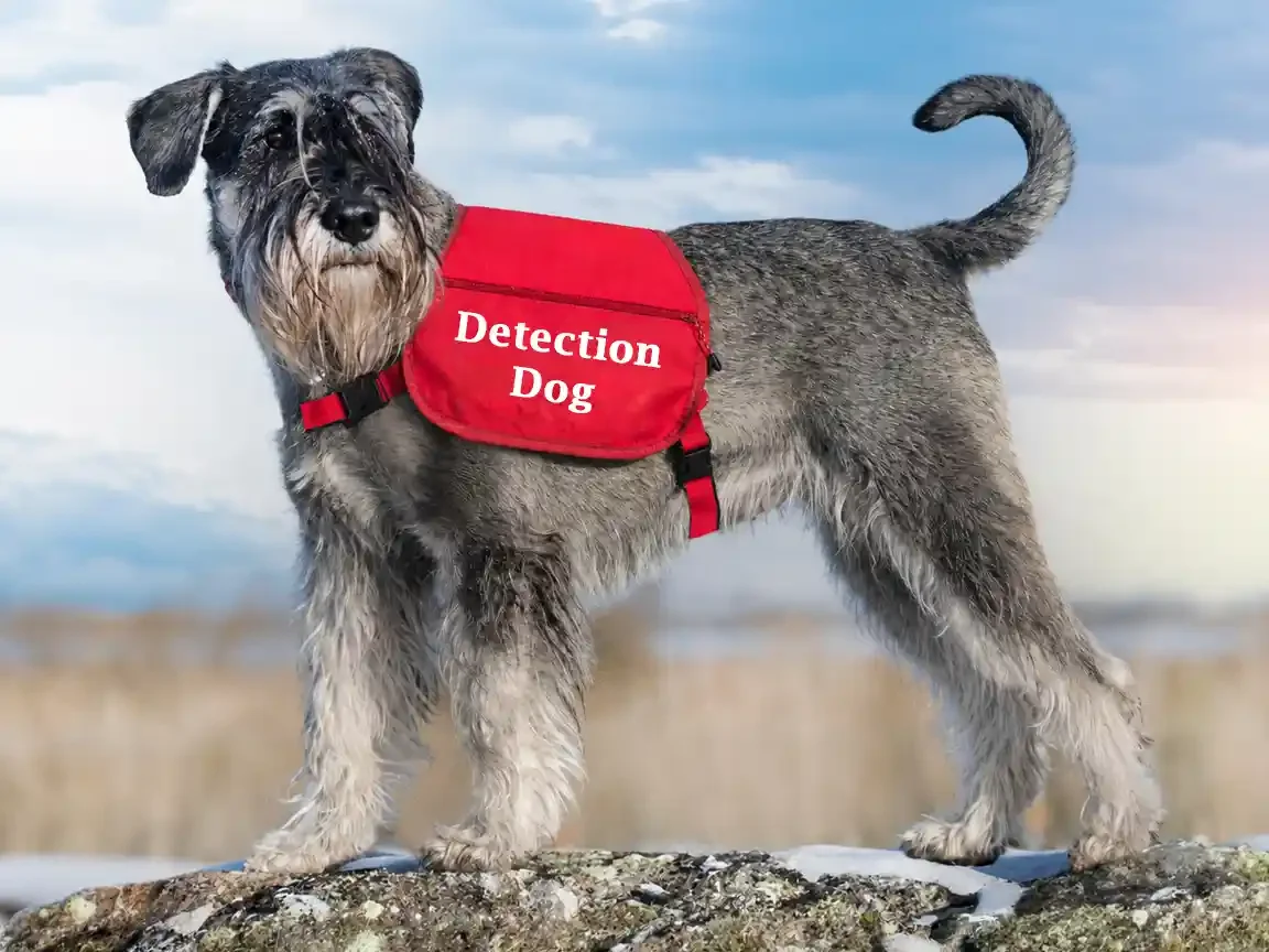 A grey and black standard schnauzer with a bearded muzzle stands on a rock in winter scrubland, wearing a red jacket marked Detection Dog, tail curled over its back, facing the viewer.