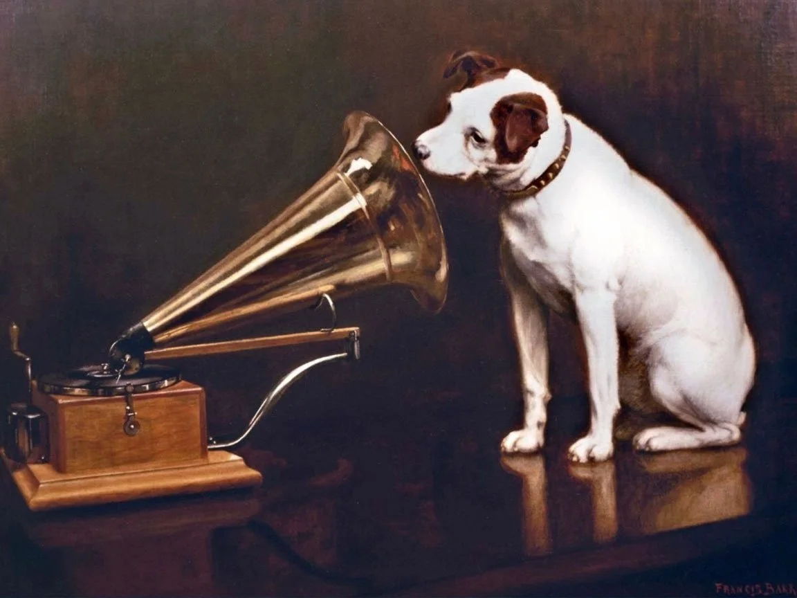 A white and brown terrier dog sits attentively, listening to a large brass gramophone horn in the famous painting His Master’s Voice by Francis Barraud.