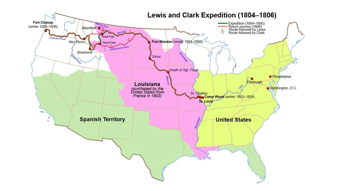 Map of the United States showing the route of the Lewis and Clark Expedition (1804–1806), tracing their journey from St. Louis across the Louisiana Territory to the Pacific Coast.