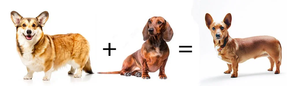 A visual equation showing a Corgi, a plus sign and a Dachshund, then an equals sign and a Dorgi, a crossbreed dog with traits from both parent breeds—short legs, long body, and large ears.