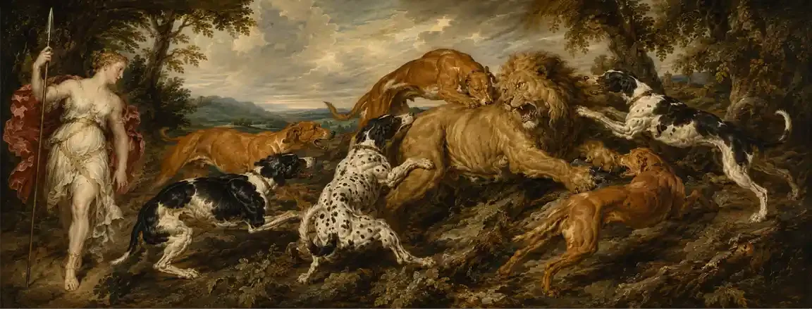 A woman in white robes holds a tall spear at the left of a clearing while six hunting dogs surround a snarling lion, gripping its throat, back and hind legs as it twists to fight.