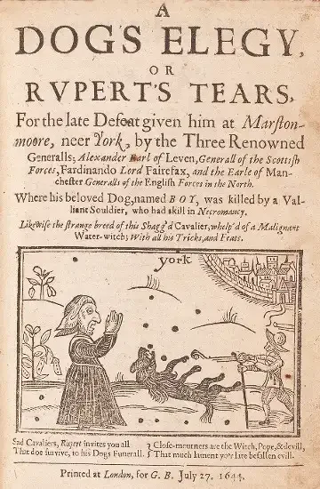Printed page: bold title "A DOGS ELEGY, OR RVPERT'S TEARS" over verse text, with a woodcut below of a hooded woman raising her hands as a soldier shoots a dog, labeled "york."
