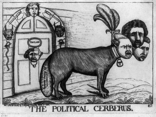 Satirical illustration titled “The Political Cerberus,” showing a three-headed dog with human faces guarding a door labeled “England,” with political figures' heads on the wall.