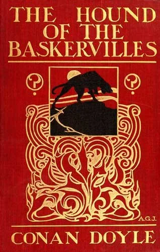 Red and gold Art Nouveau cover of the first edition of The Hound of the Baskervilles, showing a black hound silhouetted against a full moon.