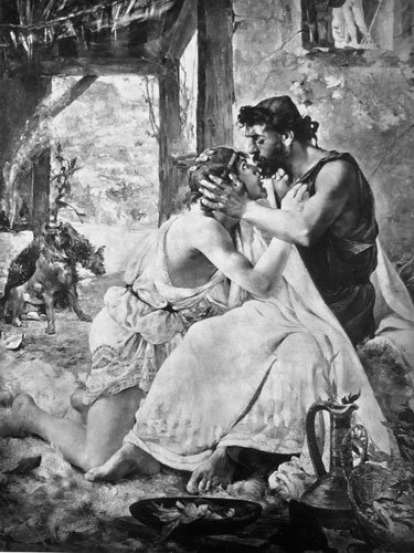 19th-century painting: Odysseus embraces Telemachus in an emotional reunion inside a ruined structure. Dogs are visible in the shadowed background.