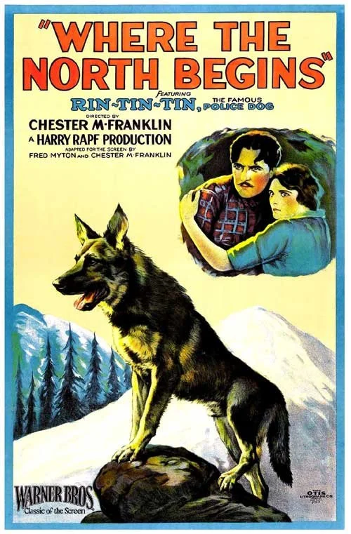 1923 film poster showing a German shepherd on a snowy mountain with two human figures inset, for Warner Bros.