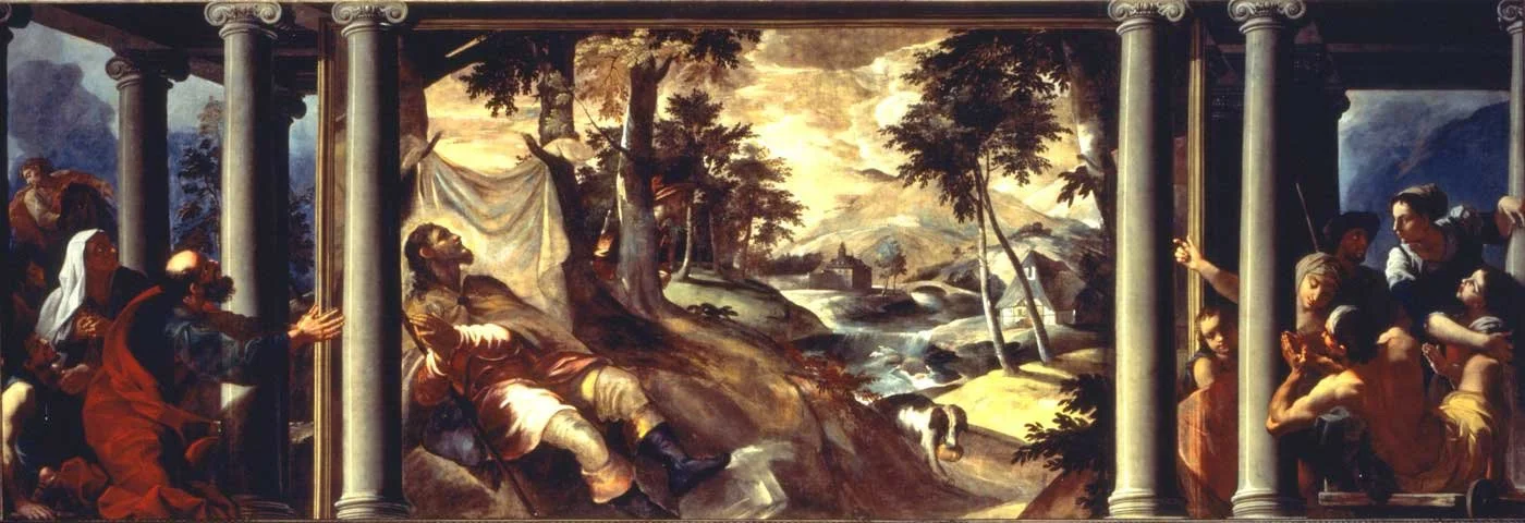 Roch reclines in a forest, tended by an angel; plague sufferers pray in colonnaded wings on either side; a small dog is visible near a stream below.