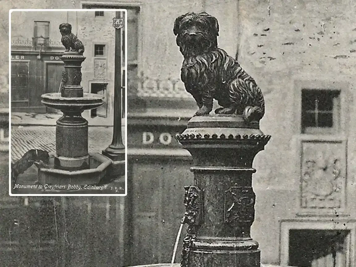 Vintage postcard showing the Greyfriars Bobby statue and drinking fountain in Edinburgh.