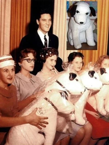 Elvis Presley poses with fans holding large RCA-branded plush Nipper dogs at a promotional event, celebrating the iconic logo and its role in music marketing.