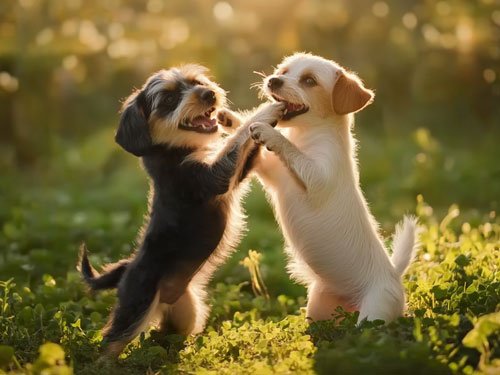 Two playful puppies stand on hind legs and paw at each other in a sunlit grassy field, appearing to dance or wrestle joyfully in the warm glow of golden hour.
