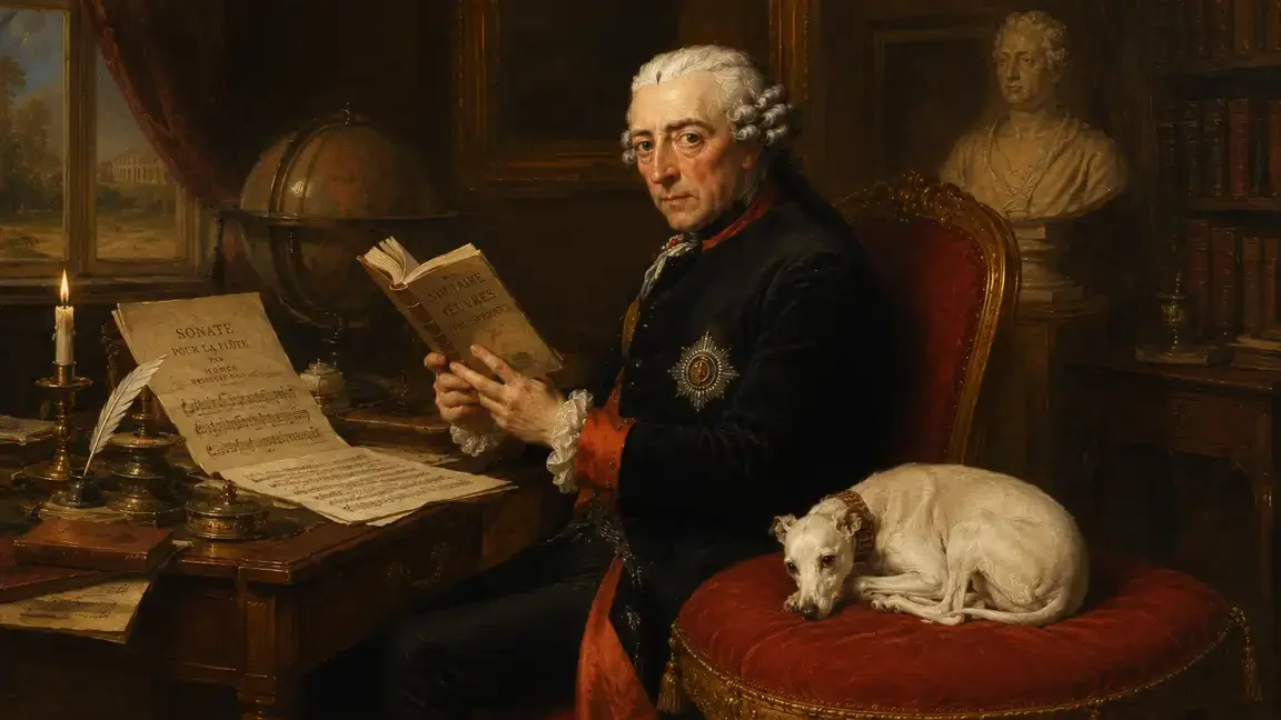 A king reads a volume of Voltaire at a candlelit desk spread with flute music. A white greyhound sleeps curled on a red cushioned stool at his side. A globe and marble bust stand behind.