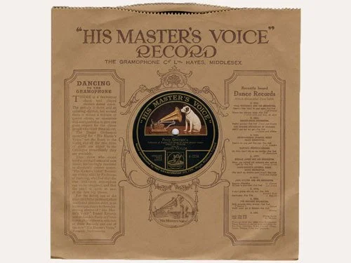Vintage His Master’s Voice record sleeve featuring a central gramophone label with Nipper the dog, surrounded by promotional text for newly released dance records.