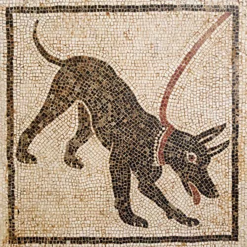 Ancient Roman mosaic of a black dog on a red leash, depicted mid-stride with mouth open and tongue out, surrounded by a square border.