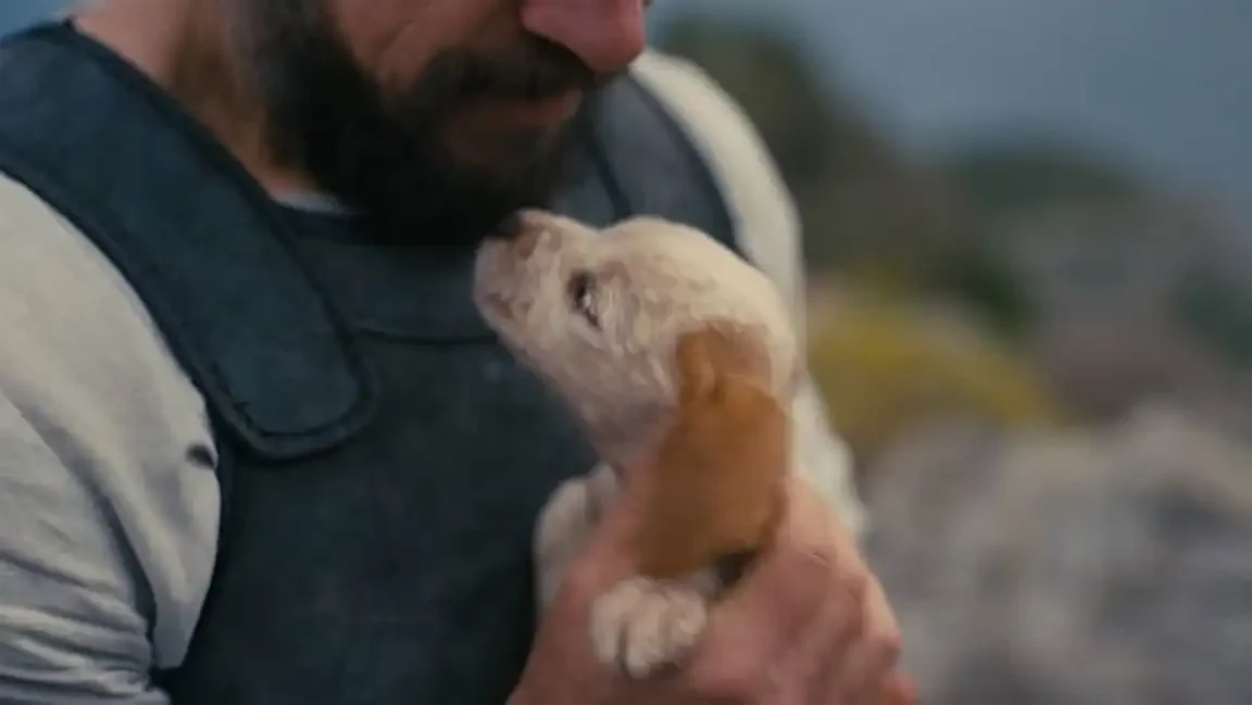 A bearded man in ancient Greek clothing holds a small white and tan puppy close to his chest outdoors, the dog looking up at his face against a bright, rocky landscape.
