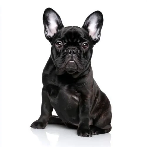 A black French Bulldog with upright ears and a shiny coat sits against a white background, gazing forward with a curious and alert expression.