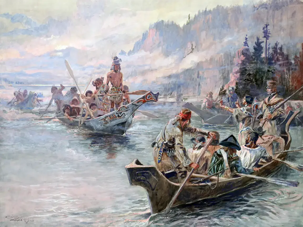 Historic-style painting of Indigenous canoeists meeting Lewis and Clark’s expedition on a river, with paddlers and traders gathered in boats.