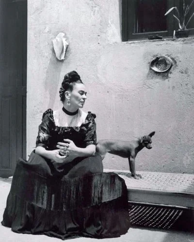 Black and white photograph of Frida Kahlo seated outdoors in traditional dress, a small hairless Xolo dog standing alert beside her.