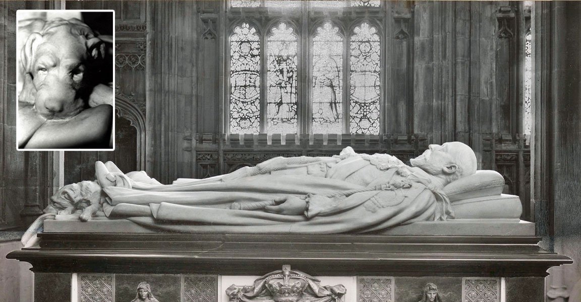 Marble tomb effigy of Edward VII at St George's Chapel, Windsor. Inset shows a close-up of Caesar, his wire fox terrier, carved in stone at the King's feet.