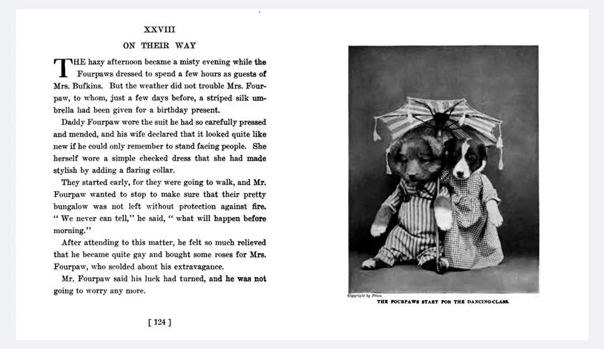 Two dressed puppies stand side by side under a striped umbrella, posed as if ready to head out together, in a whimsical scene from The Little Folks of Animal Land.