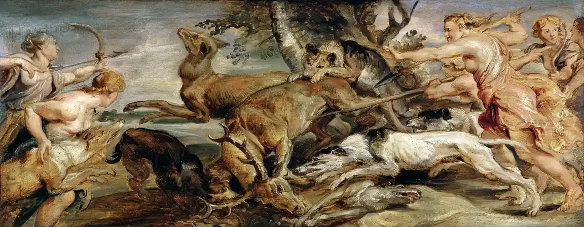 A crowded hunt: a woman draws a bow at the far left, three more thrust a spear from the right, and hounds seize a leaping stag and a dark boar in the trampled clearing between them.