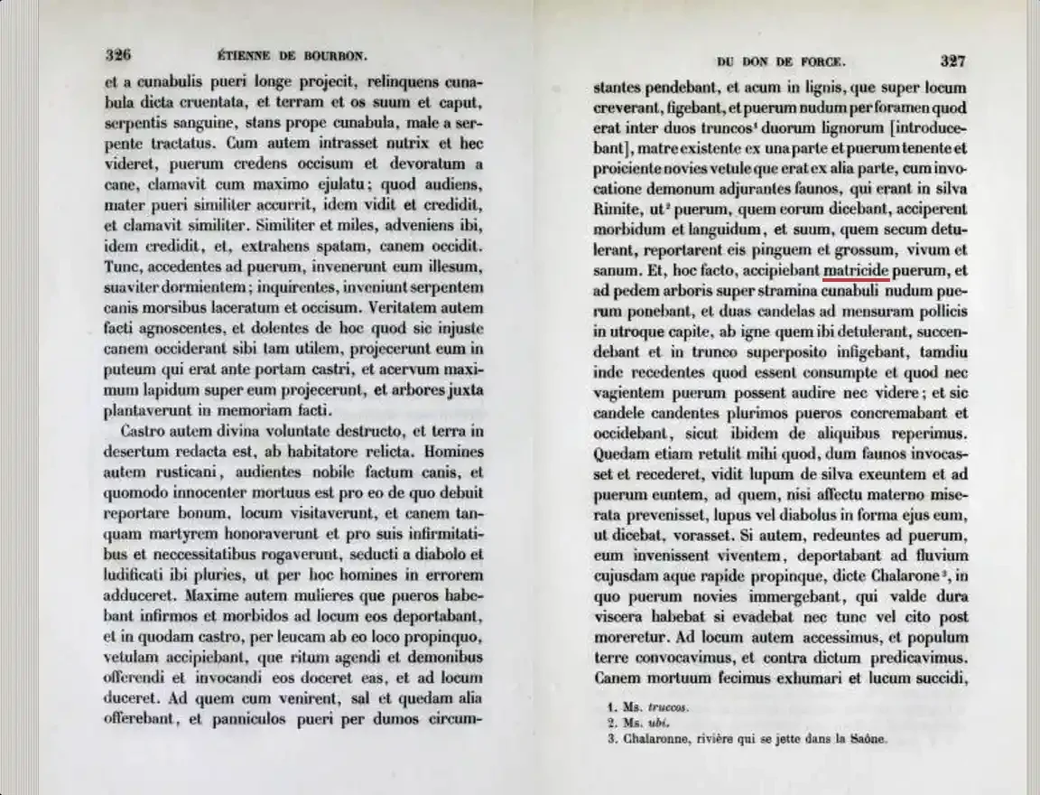 Two pages of dense Latin text in a nineteenth-century book, numbered 326 and 327. In the right-hand column one word, matricide, is outlined in red. French footnotes run below.