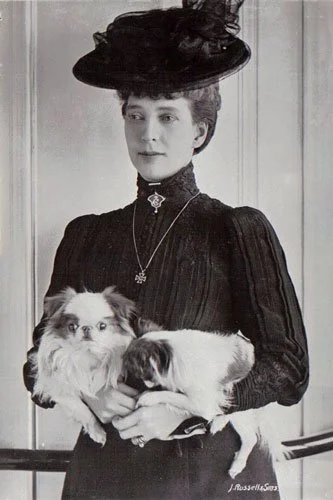 Black-and-white portrait of Queen Alexandra in black dress and hat, holding a Japanese Chin dog. Photographed by Russell and Sons.