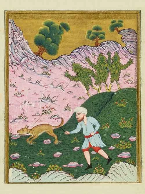 Colorful Persian-style painting of a man using a dog on a leash to pull up humanoid mandrake plants from a hillside, with trees and pink rocky terrain in the background.