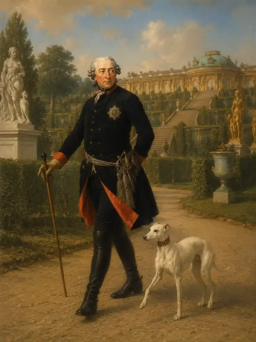 A gray-haired king in a dark blue military coat walks a gravel path with a cane. A white greyhound in a collar reading BICHE keeps pace beside him. A palace and terraced gardens rise behind.