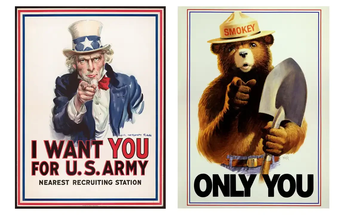 Two vintage posters: Uncle Sam pointing “I Want You for U.S. Army” and Smokey Bear pointing “Only You” with a shovel.