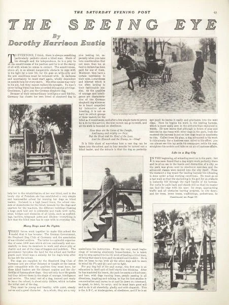 A full page of The Saturday Evening Post showing the article "The Seeing Eye" by Dorothy Harrison Eustis, with photographs of guide dog training, November 1927.